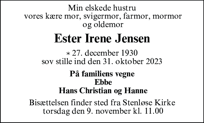 Dødsannonce for Ester Irene Jensen