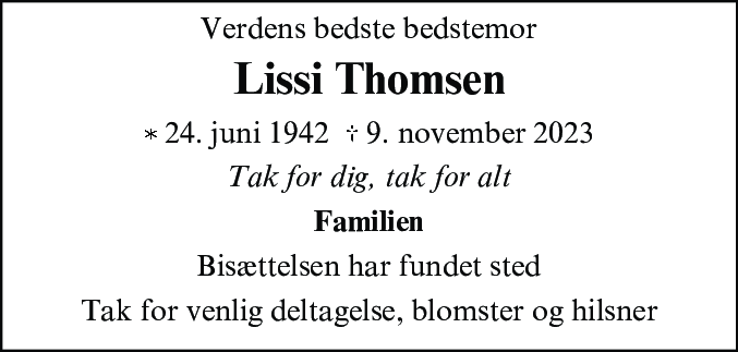 Dødsannonce for Lissi Thomsen