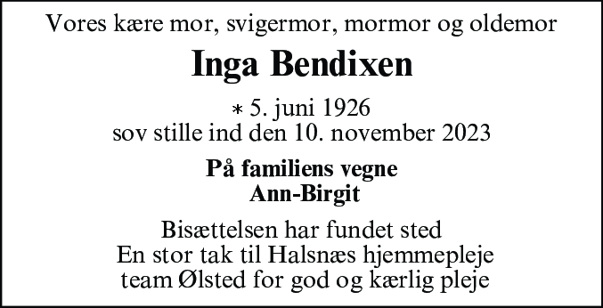 Dødsannonce for Inga Jensine Bendixen
