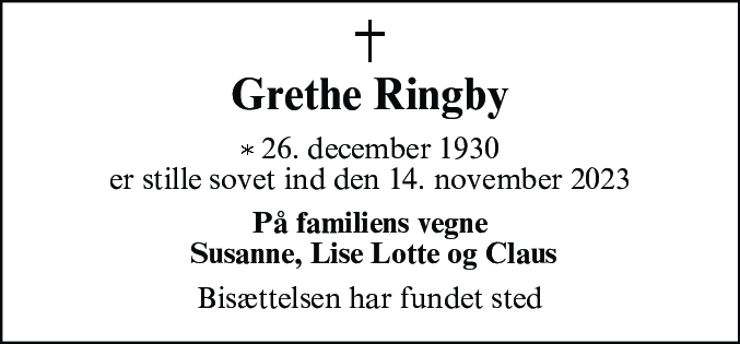 Dødsannonce for Signe Grethe Ringby