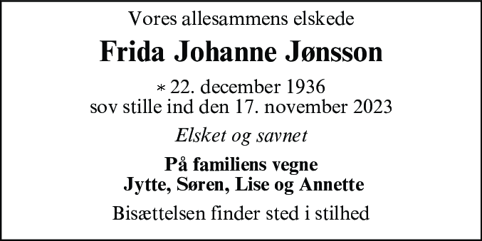 Dødsannonce for Frida Johanne Jønsson