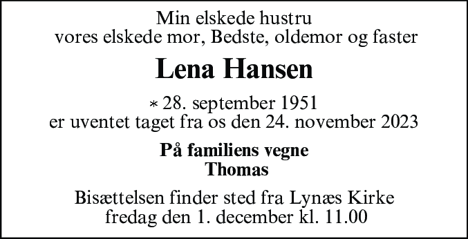 Dødsannonce for Lena Hansen