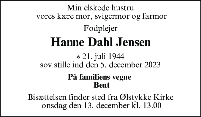 Dødsannonce for Hanne Jensen