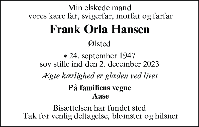 Dødsannonce for Frank Orla Hansen