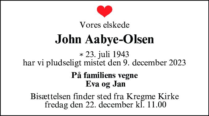 Dødsannonce for John Aabye-Olsen