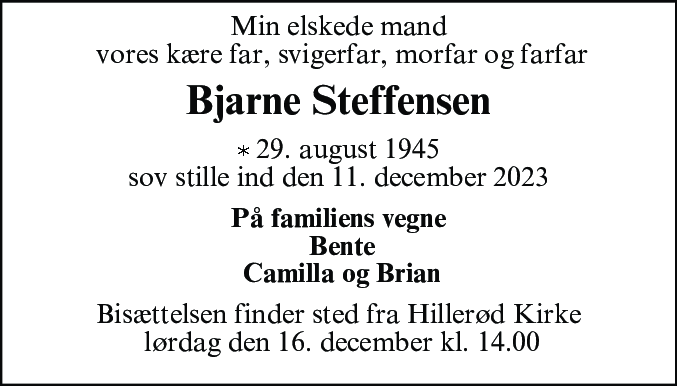 Dødsannonce for Bjarne Steffensen