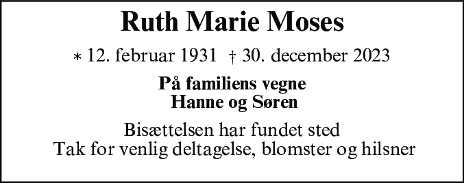 Dødsannonce for Ruth Marie Moses