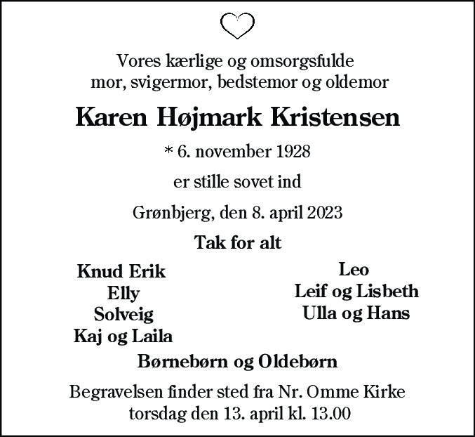 Dødsannonce for Karen Højmark Kristensen