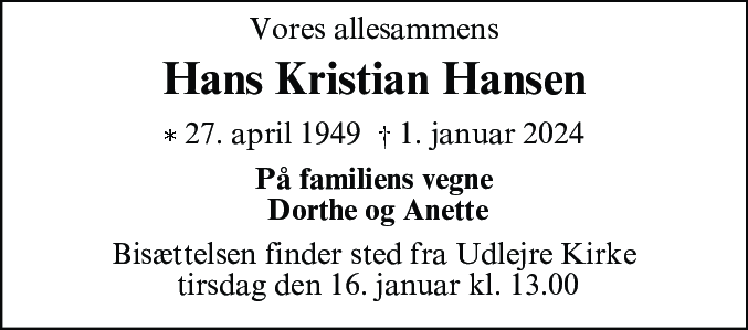 Dødsannonce for Hans Kristian Hansen
