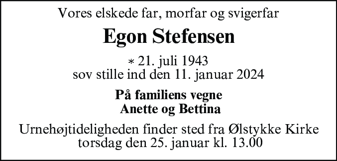 Dødsannonce for Egon Stefensen