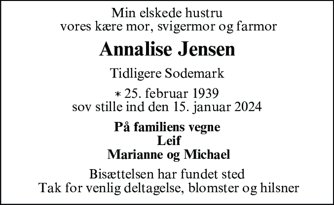 Dødsannonce for Paula Annalise Jensen
