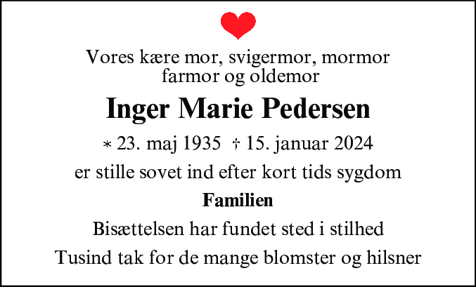 Dødsannonce for Inger Marie Pedersen