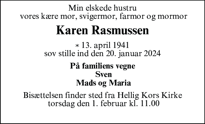 Dødsannonce for Karen Margrethe Rasmussen