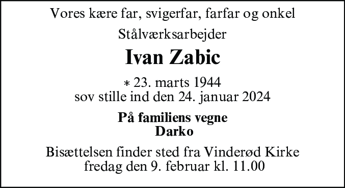 Dødsannonce for Ivan Zabic