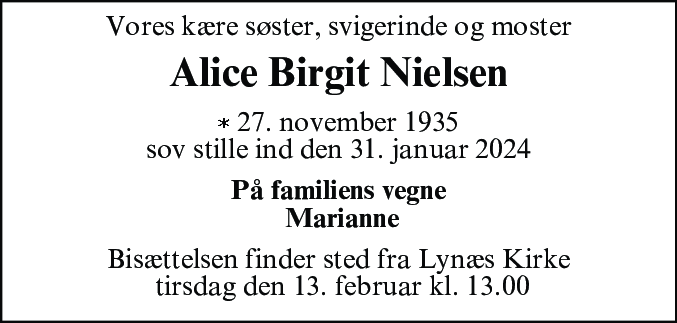 Dødsannonce for Alice Birgit Nielsen