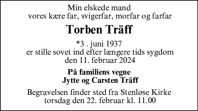 Dødsannonce for Torben Wagn Georg Larsson Träff