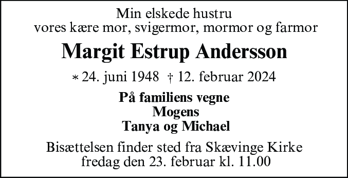Dødsannonce for Margit Estrup Andersson