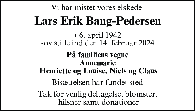 Dødsannonce for Lars Erik Bang-Pedersen