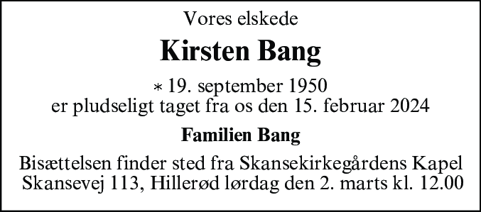 Dødsannonce for Kirsten Bang