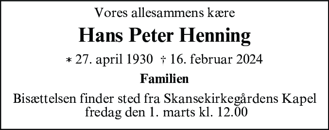 Dødsannonce for Hans Peter Henning