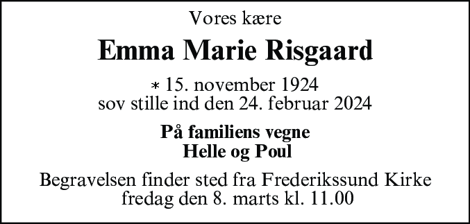 Dødsannonce for Emma Marie Risgaard