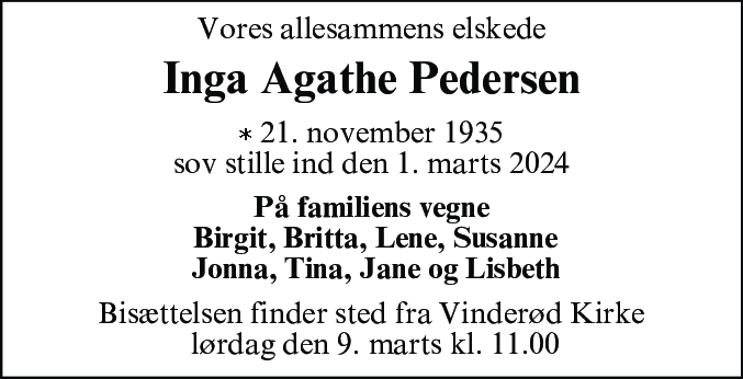 Dødsannonce for Inga Agathe Pedersen