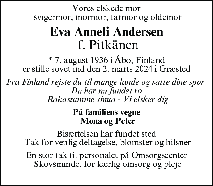 Dødsannonce for Eva Anneli Andersen