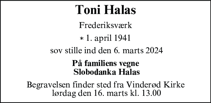 Dødsannonce for Toni Halas