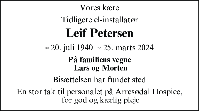 Dødsannonce for Leif Erik Petersen