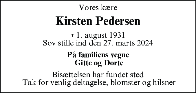 Dødsannonce for Kirsten Pedersen
