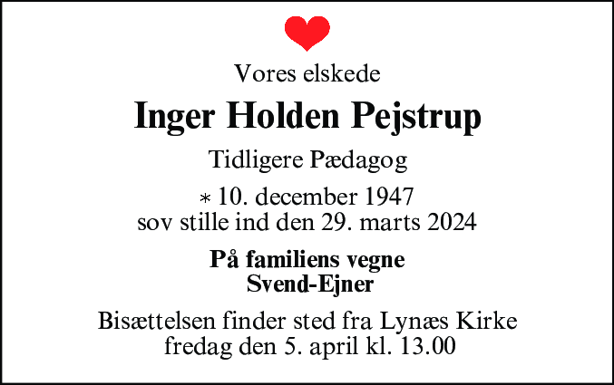 Dødsannonce for Inger Holden Pejstrup