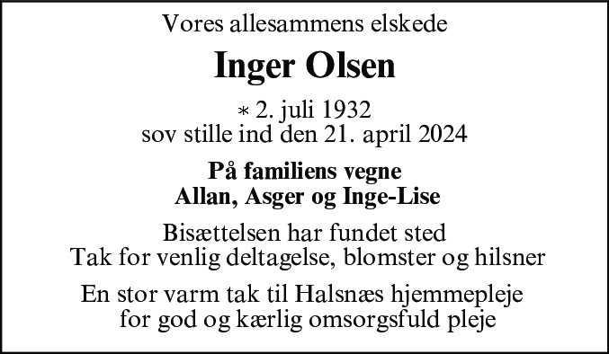 Dødsannonce for Inger Olsen
