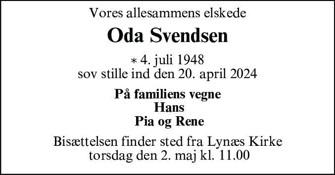 Dødsannonce for Oda Ellen Svendsen