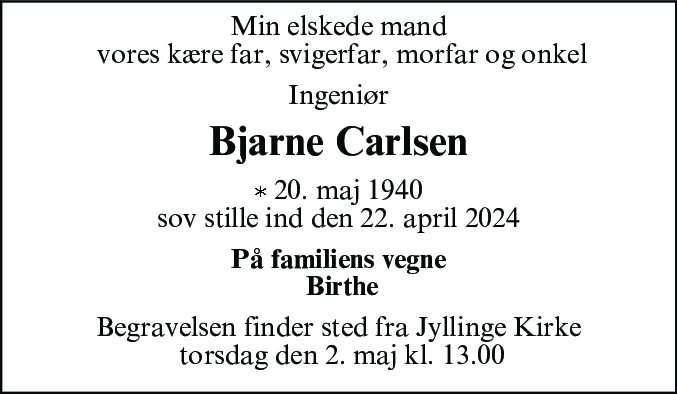 Dødsannonce for Bjarne Carlsen