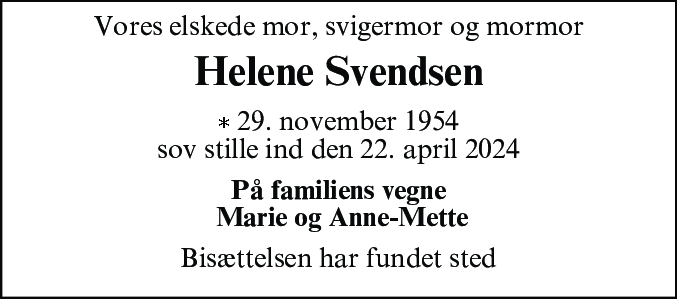 Dødsannonce for Helene Svendsen