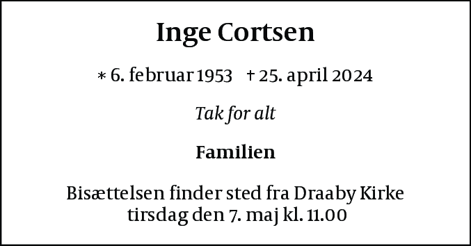 Dødsannonce for Inge Cortsen