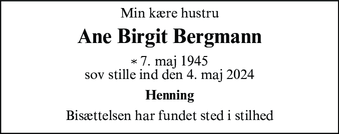 Dødsannonce for Ane Birgit Bergmann