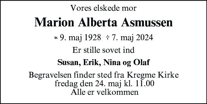 Dødsannonce for Marion Alberta Asmussen