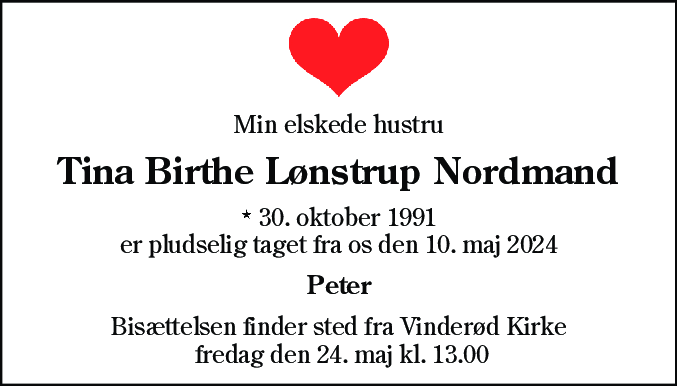 Dødsannonce for Tina Birthe Lønstrup Nordmand