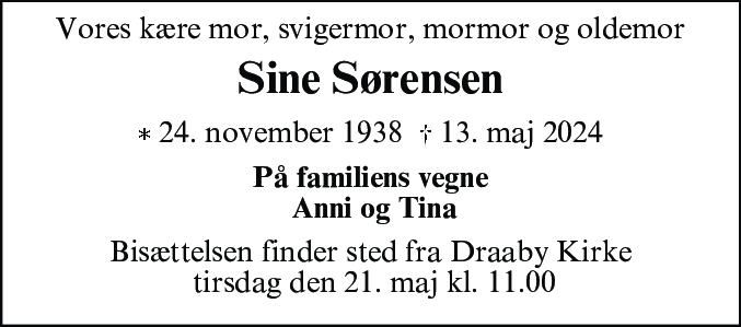 Dødsannonce for Jensine Johanne Sørensen