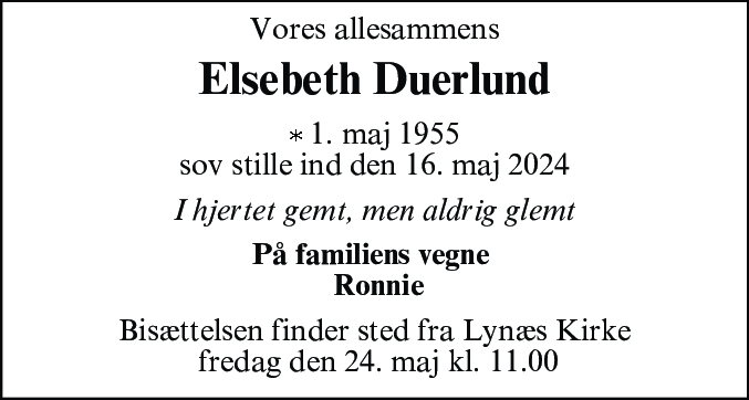 Dødsannonce for Elsebeth Duerlund