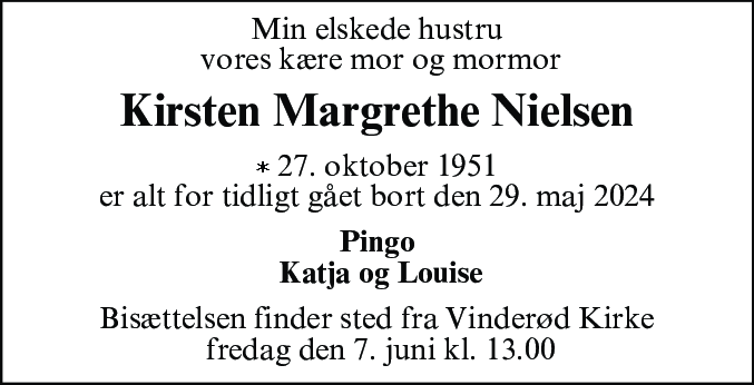 Dødsannonce for Kirsten Margrethe Nielsen