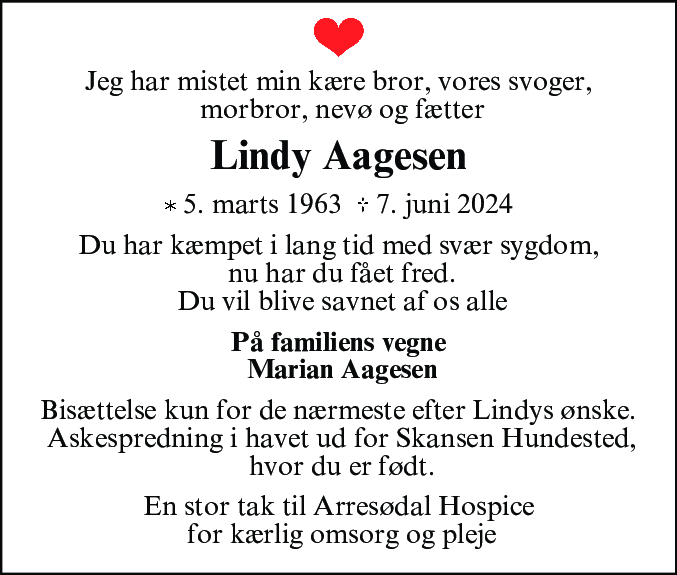 Dødsannonce for Lindy Aagesen