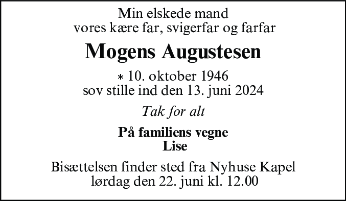 Dødsannonce for Mogens Augustesen