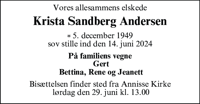 Dødsannonce for Krista Sandberg Andersen
