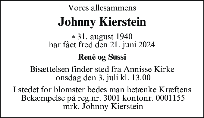 Dødsannonce for Johnny Højlund Kierstein