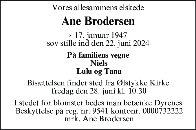 Dødsannonce for Ane Johanne Brodersen
