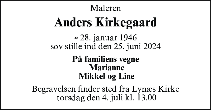 Dødsannonce for Anders Kirkegaard