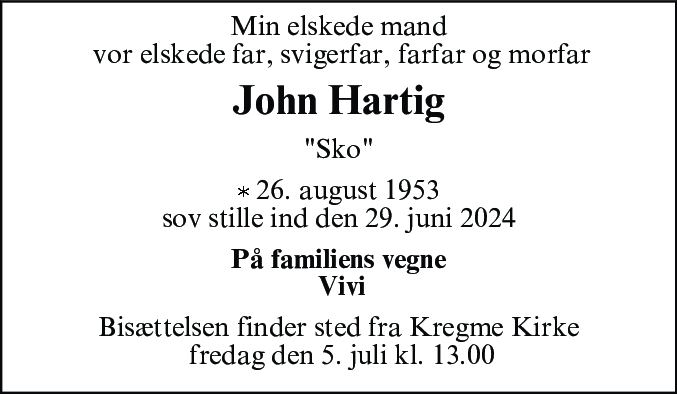 Dødsannonce for John Hartig