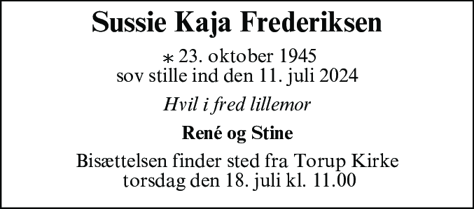 Dødsannonce for Sussie Kaja Frederiksen